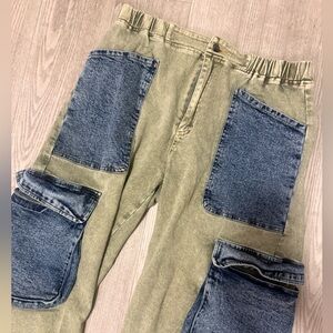 Fashion Nova Olive and Denim Cargo Jeans